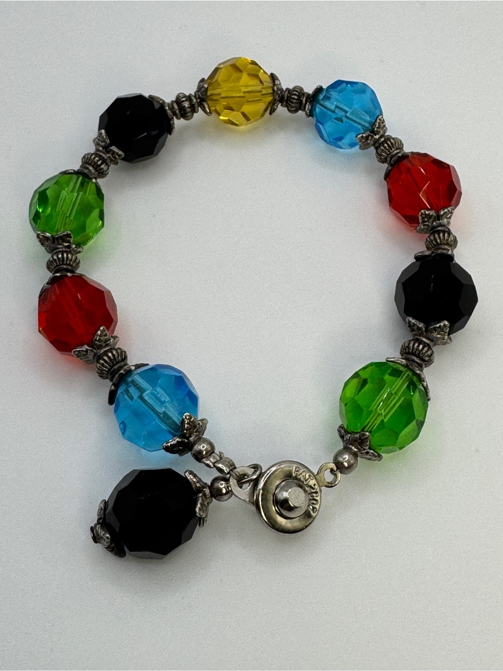Vintage Multi-Color Faceted Crystal Bead Silver-Tone Charm Bracelet (Pat 4074400